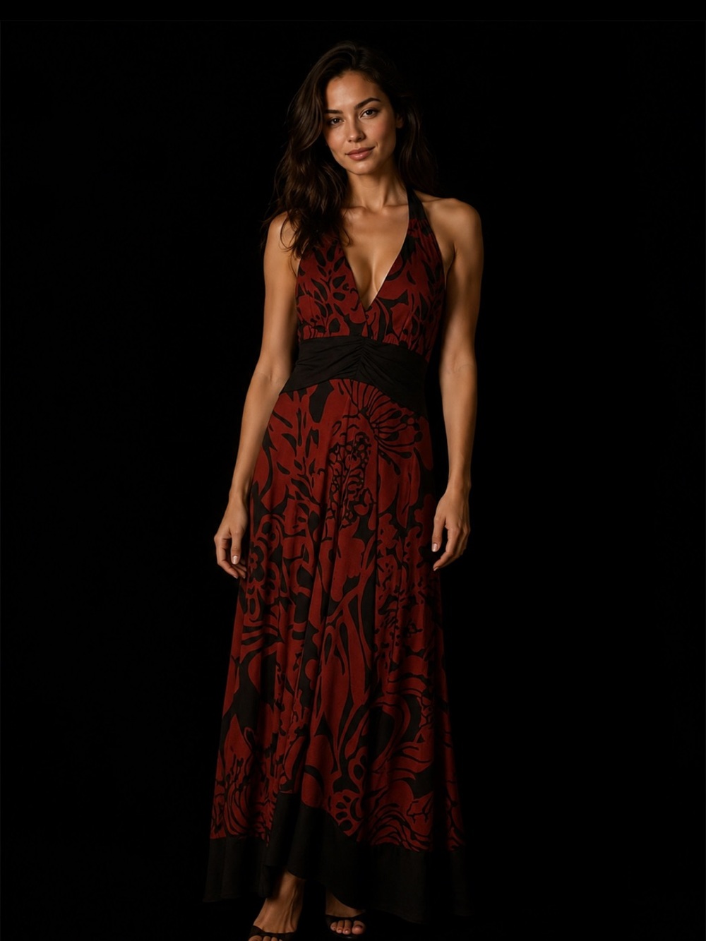 Vintage Y2K Kisses & Hugs Red Black Floral Halter Maxi Dress XL